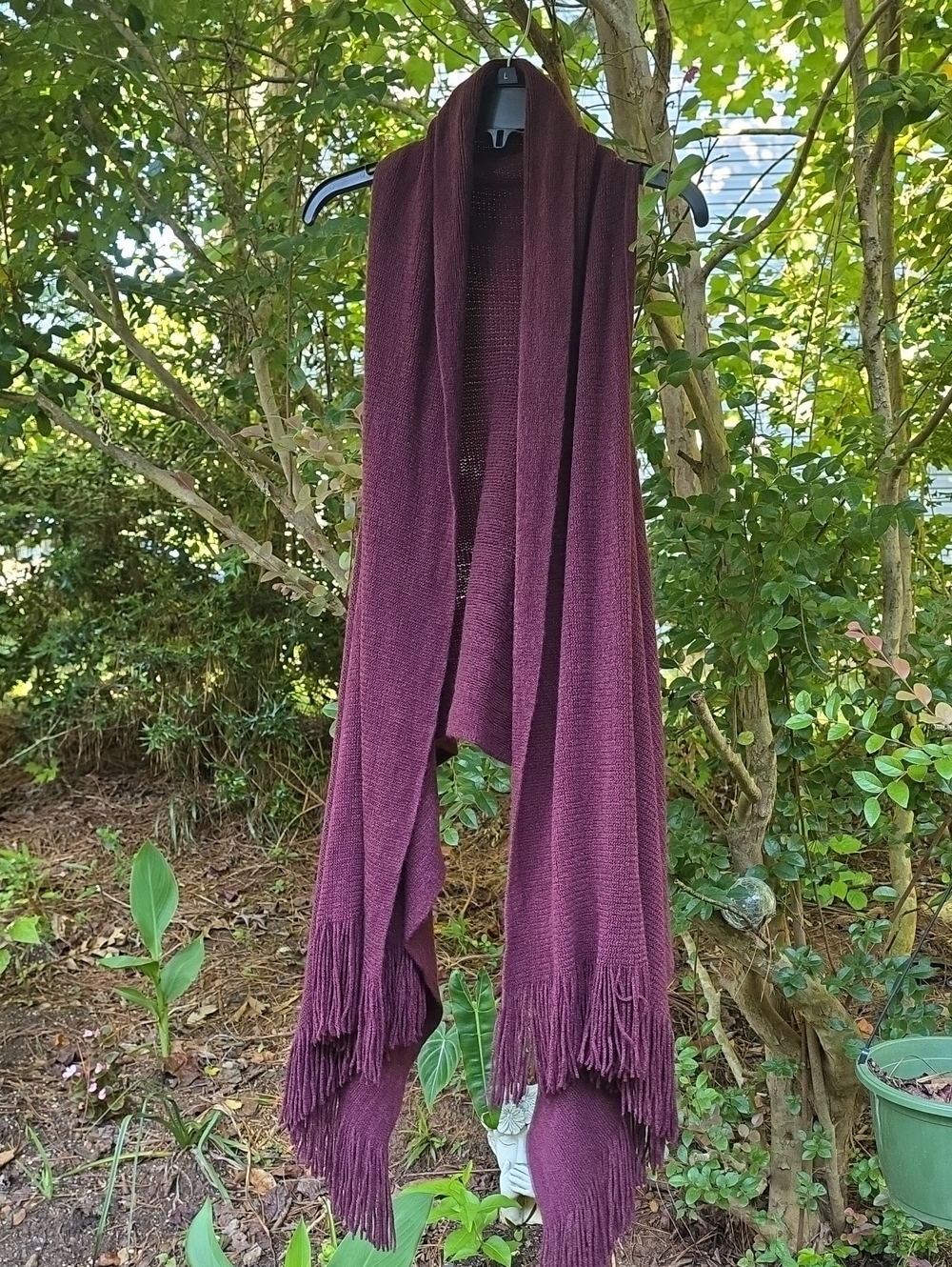 Fringed Knit Wrap Scarf in Deep Plum